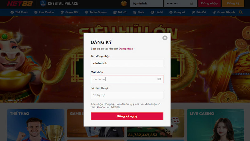 Đăng ký tài khoản đơn giản tại nhà cái Net88