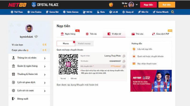 Nạp tiền nhanh chóng và uy tín tại nhà cái Net88